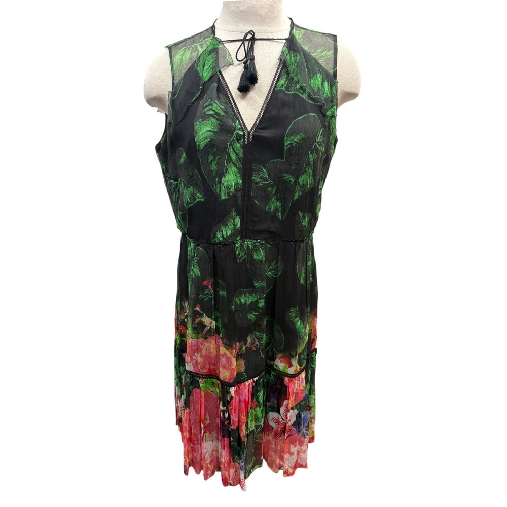 Elie Tahari Silk Floral Dress Sleeveless Sheer Layer Tassel Resort Elegant 12